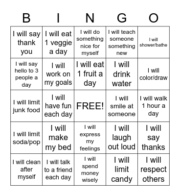 Healthy Goals Bingo Card