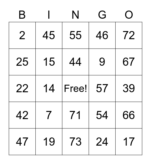 Bingo 19 Bingo Card