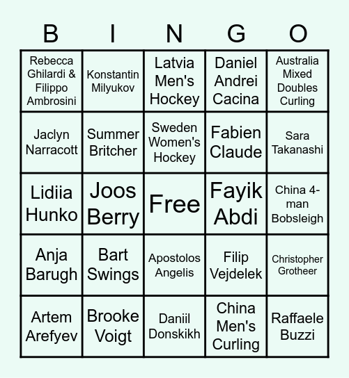 2022 Beijing Olympics Bingo Card