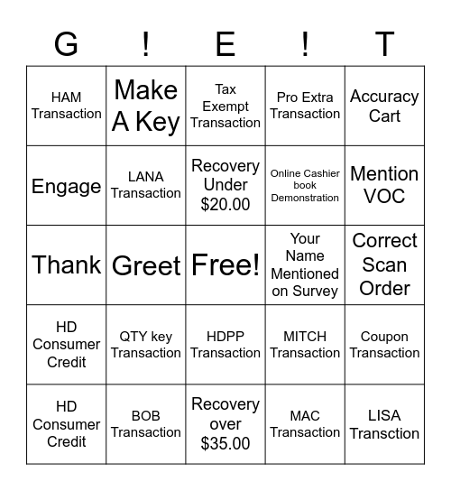 Greet.   Engage.   Thank. Bingo Card