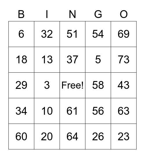 Bingo 25 Bingo Card