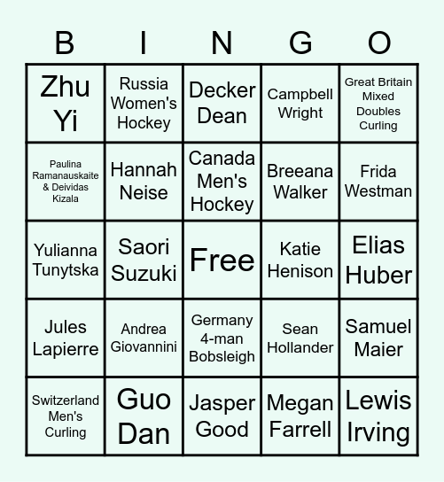 2022 Beijing Olympic Bingo Card