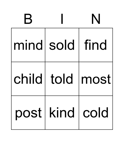 Glued Sounds: -old, -ost, -ild, -ind Bingo Card