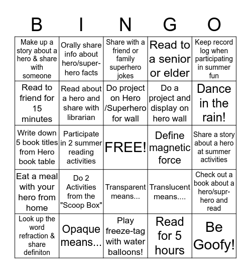 Summer Reading Bingo Card