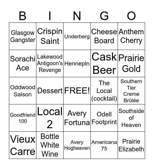 Beergo One Bingo Card