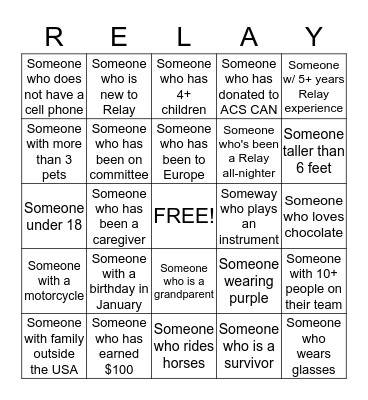 Relay Mingle Bingo! Bingo Card