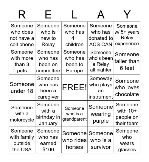 Relay Mingle Bingo! Bingo Card