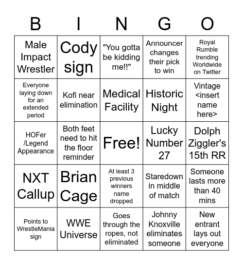 Royal Rumble 2022 Bingo Card