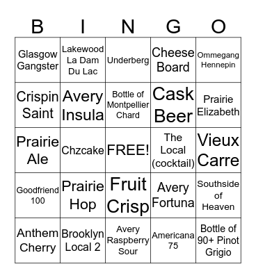 Beergo Five Bingo Card