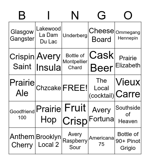 Beergo Five Bingo Card