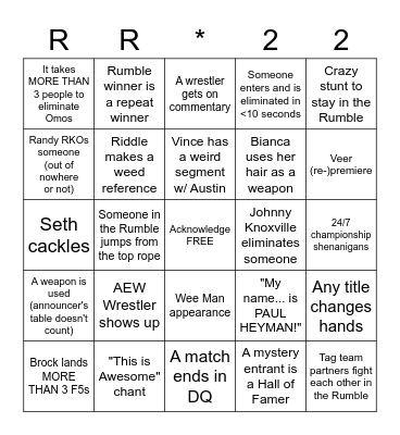 Royal Rumble 2022 Bingo Card