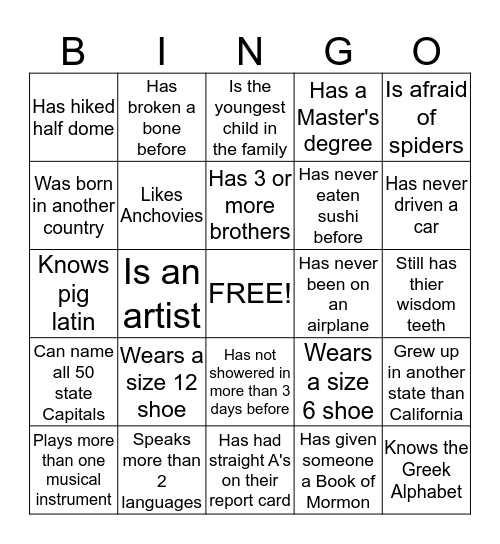 Getting to know you BINGO Card