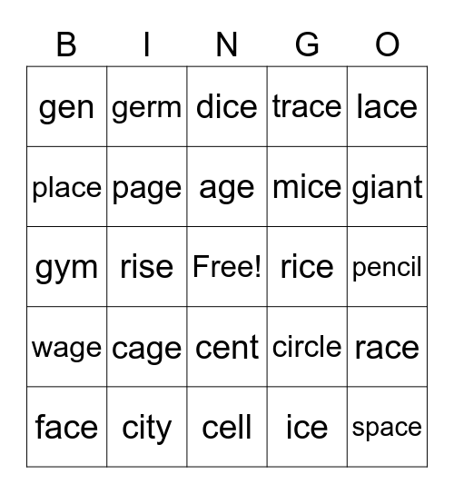 soft c and g bingo card Bingo Card