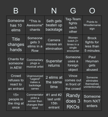 Royal Rumble 2022 Bingo Card