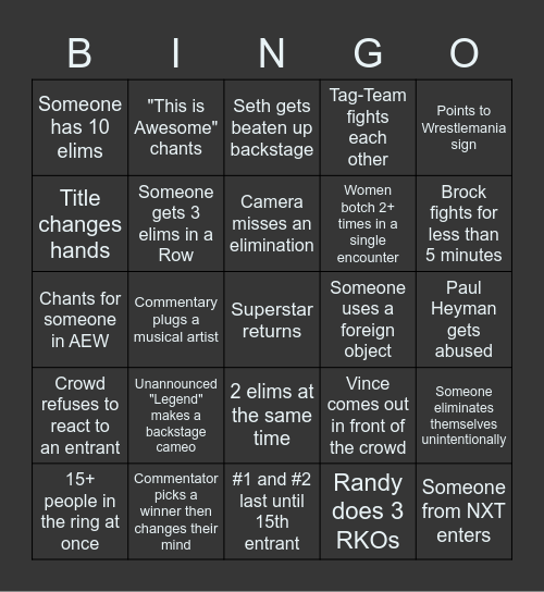 Royal Rumble 2022 Bingo Card