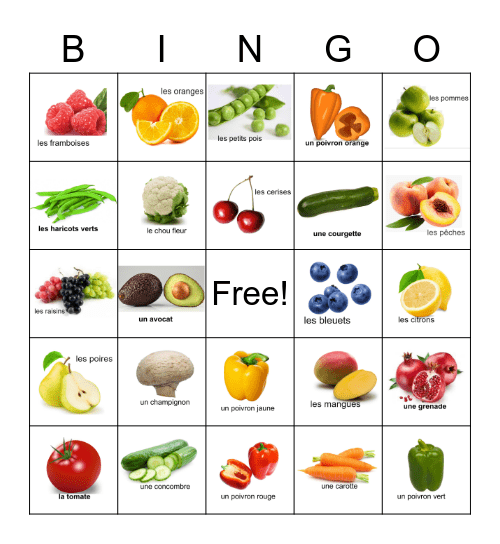 les fruits et les légumes Bingo Card