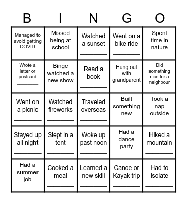 Summer Vacation Bingo Card