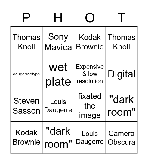 HISTORY OF PHOTOGRAPHY Bingo Card