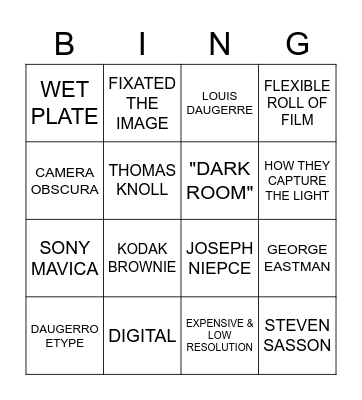 HISTORY OF PHOTOGRAPHY Bingo Card