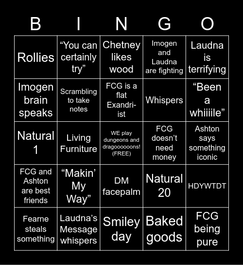 Critical Role C3 Bingo Card