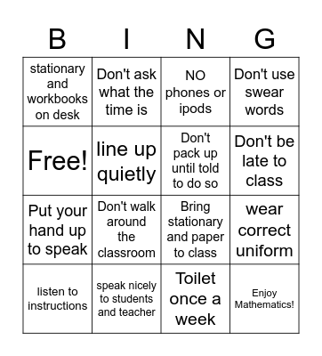 Classroom Rules Bingo Card