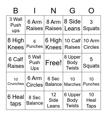 Fitness Bingo Card