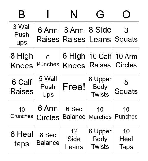 Fitness Bingo Card