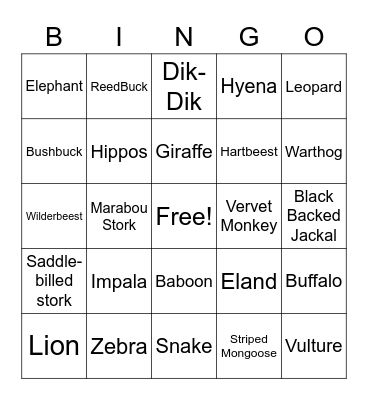 Mikumi Animal Bingo Card