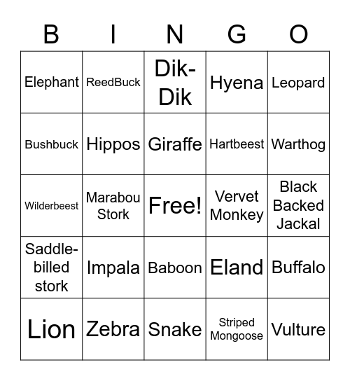 Mikumi Animal Bingo Card