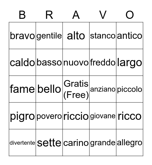 AGGETTIVI Bingo Card