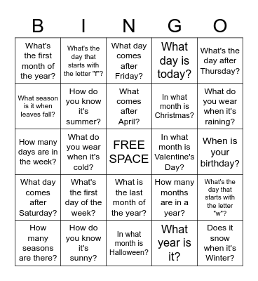 Days, Months, Weather and Season. Bingo Card