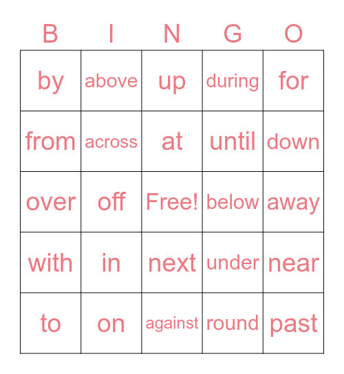 Preposition Bingo Card