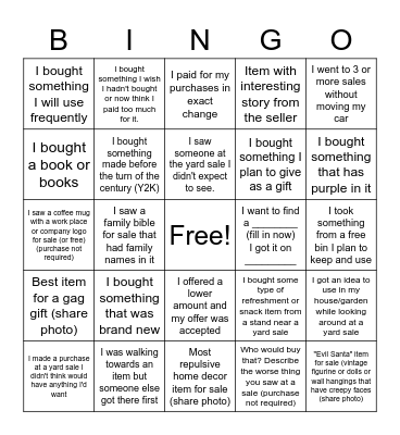 2022 SMAY YARD SALE Bingo Card
