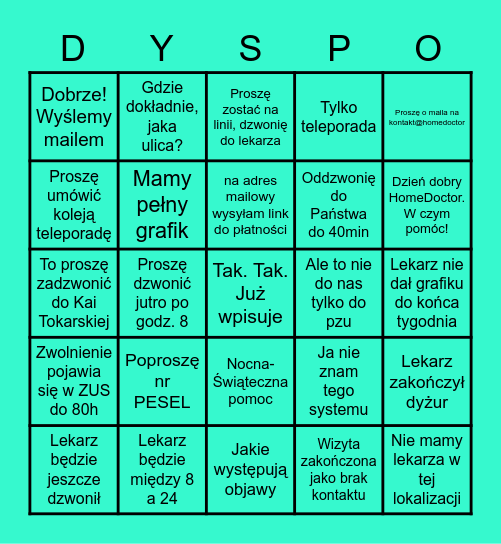 DYSPO BINGO Card