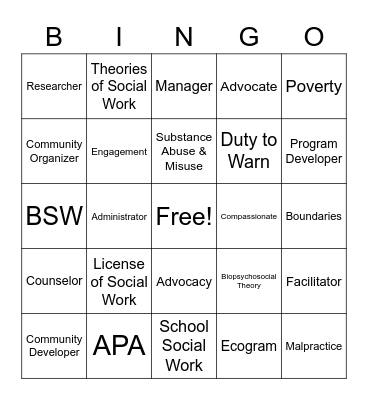 Social Work Bingo Card