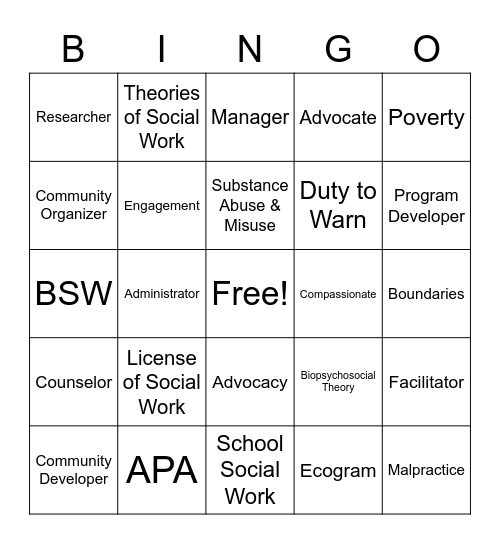 Social Work Bingo Card