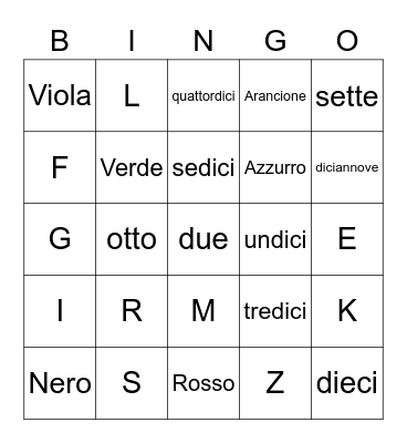 Letters, numbers, and colors Bingo Card