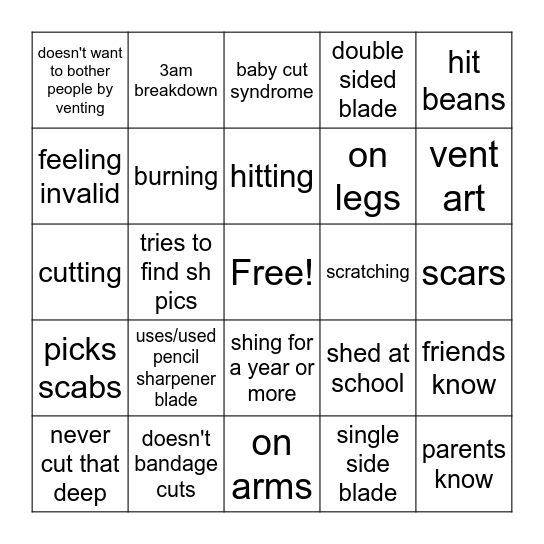 Self Harm Bingo Card