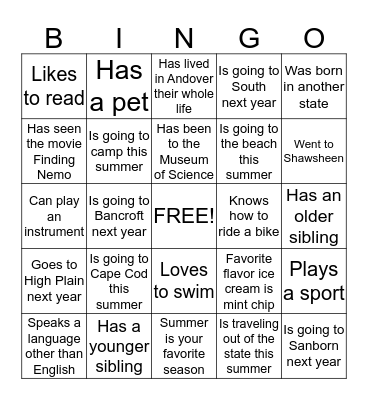 Getting to know you BINGO! Bingo Card