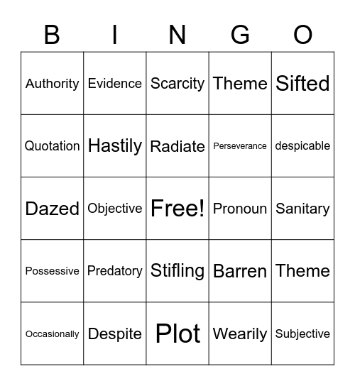 Holes Unit Vocabulary Bingo Card