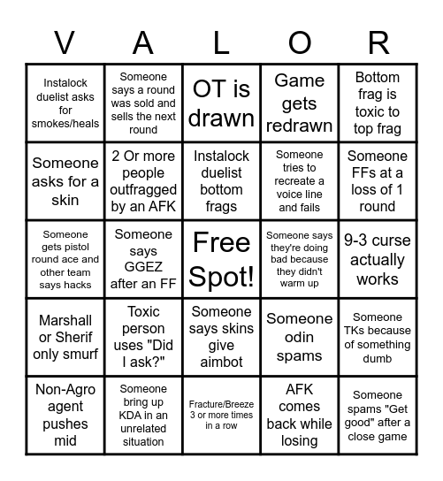 Valorant Bingo Card