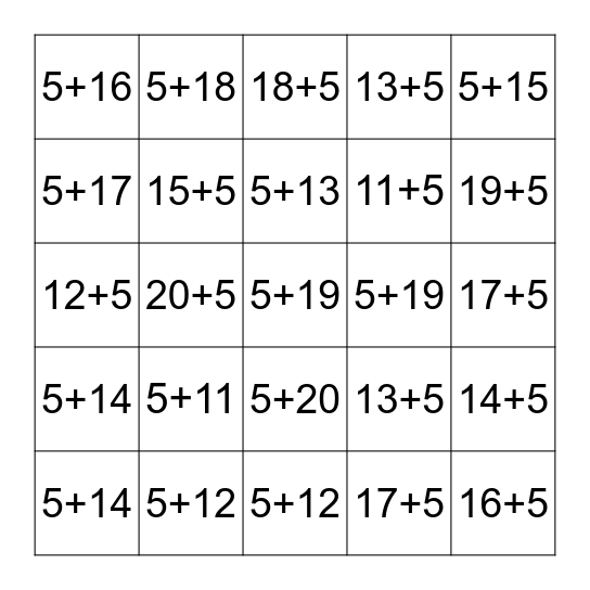 Plus Five Fluency 11-20 Bingo Card