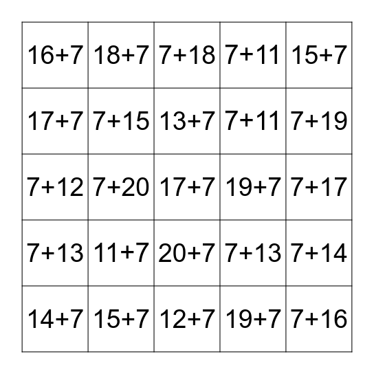 Plus Seven Fluency 11-20 Bingo Card