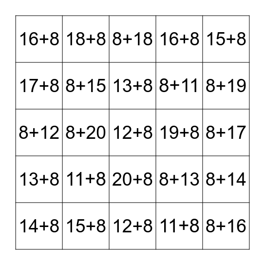 Plus Eight Fluency 11-20 Bingo Card