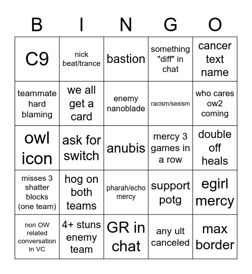 Overwatch Soju Bingo New Bingo Card