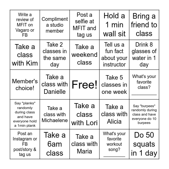 MFIT Studio Bingo Card