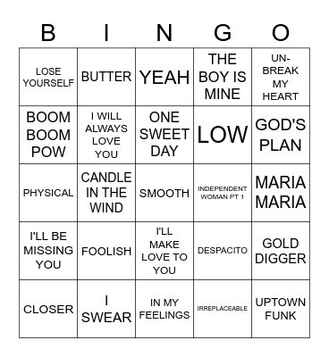 41 SONGS 10 WEEKS #1 Bingo Card