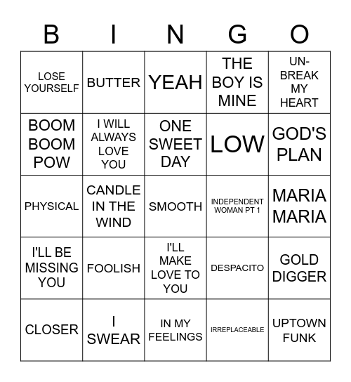 41 SONGS 10 WEEKS #1 Bingo Card