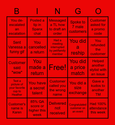 Spanx Bingo Card