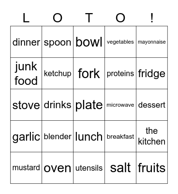 los condim, cubiertos, cocina, comidas Bingo Card